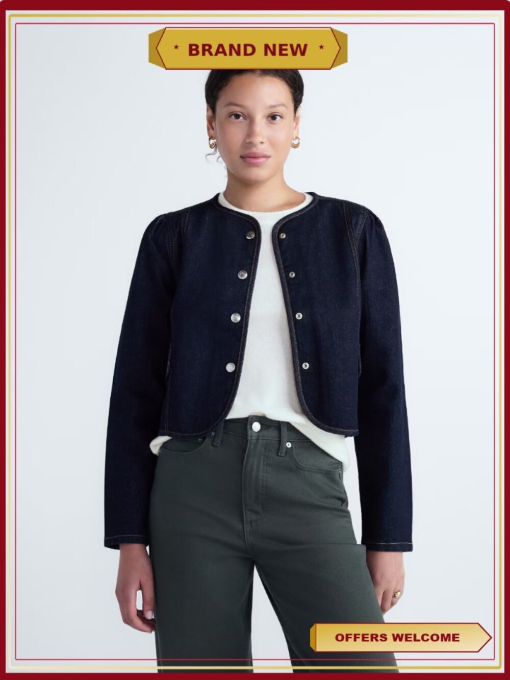 Puff Sleeve Cropped Jacket Long Sleeve Structured Fit Women's